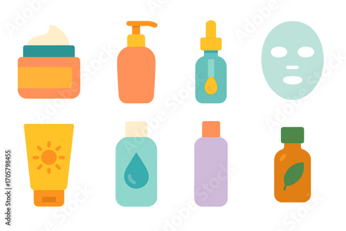 Skincare products flat icon set. featuring cream, lotion, serum, face mask, sunscreen, cleanser, oil