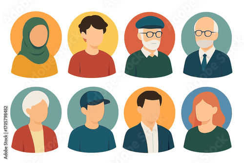 Flat people icons set. featuring diverse characters like woman, man, senior, youth, and child portraits
