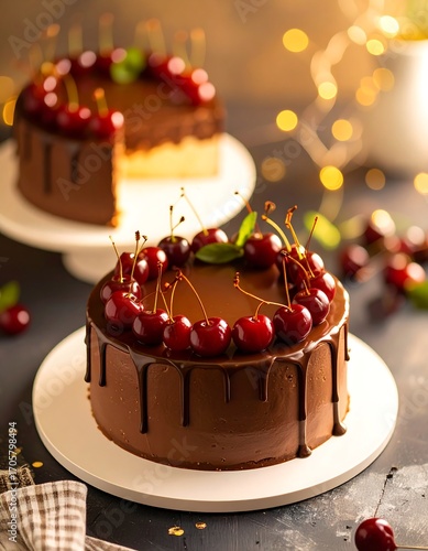 Chocolate cake decorated with cherries and chocolate drizzle