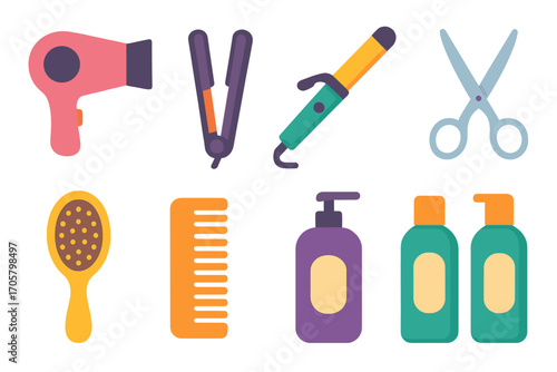 Salon tools flat icon set. featuring hairdryer, straightener, curler, scissors, brush, comb, shampoo, conditioner, lotion