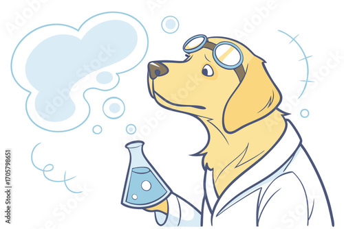 Bewildered Golden Retriever in lab coat and goggles, confused dog scientist watercolor illustration on white