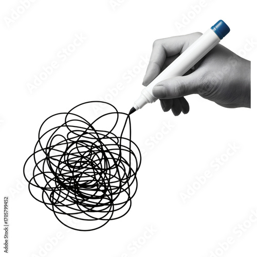 A black and white illustration showing a hand holding a white marker with a blue cap drawing a complex tangled scribble pattern on transparent background
