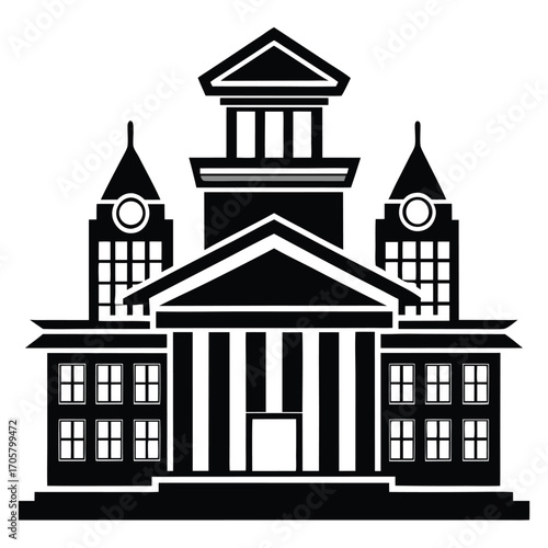 Symmetrical Governmental Building Illustration Ornate Architectural Design of a Courthouse or City Hall With Clock Towers