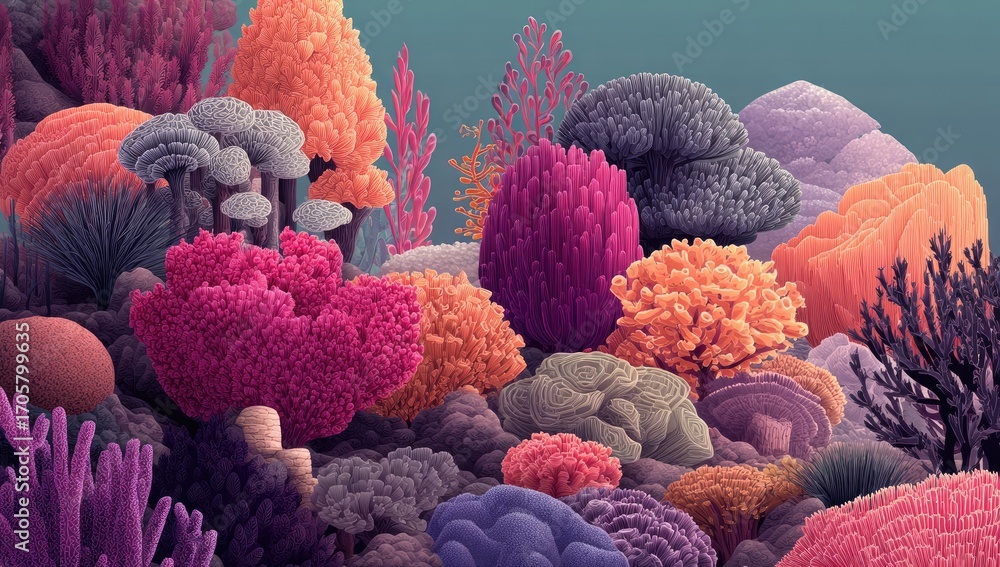 Obraz premium Vibrant, stylized underwater scene featuring diverse coral formations in shades of pink, purple, orange, and gray, suggesting a lush, healthy reef ecosystem