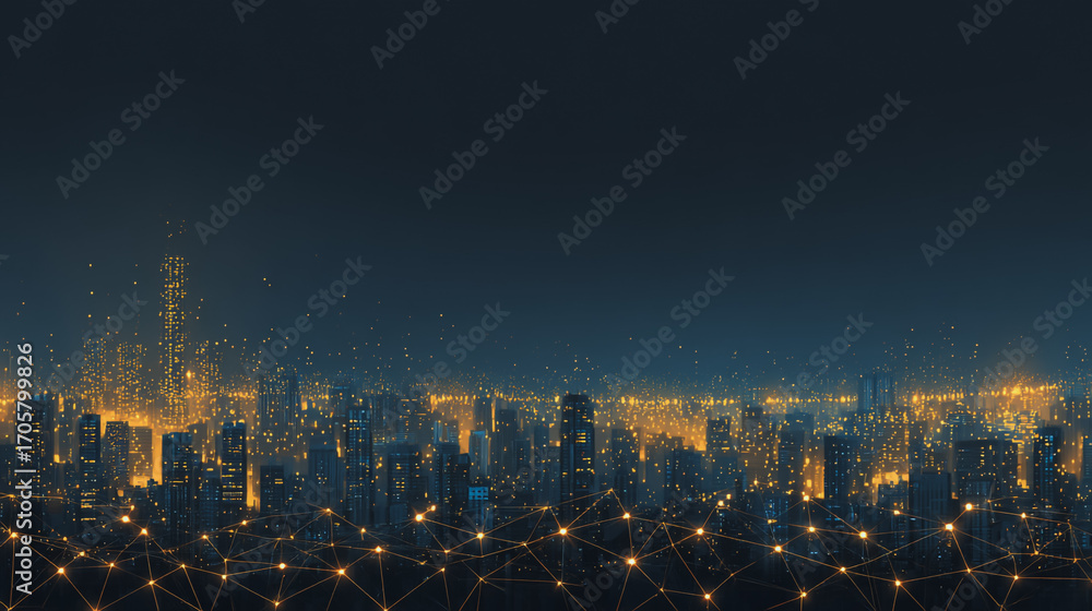 Fototapeta premium Sunshine in the Smart digital Innovation city with connection network reciprocity over the cityscape. of future smart wireless digital city and social media networking systems that connects
