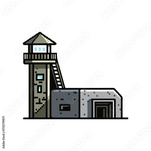 Retro Pixelated Vector Illustration of a Gray Watchtower and Bunker Building