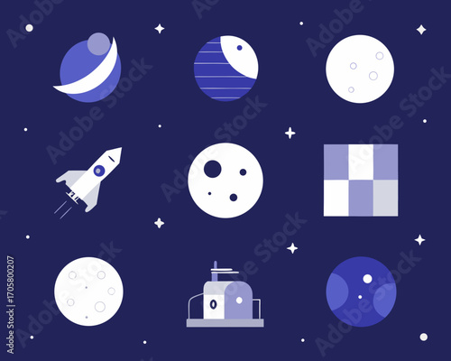 Flat design space exploration and celestial bodies illustration