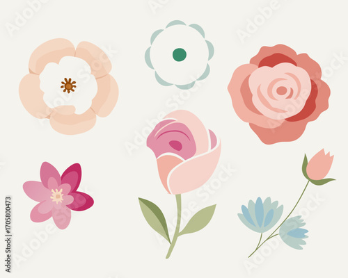 Collection of stylized flowers in soft pastel colors