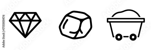 Minimalist Outline Icon Set Featuring Diamond, Raw Mineral, and Mining Cart on White Background
