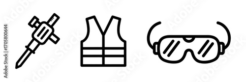 Minimalist Outline Icons of Industrial Tool and Protective Gear on White Background
