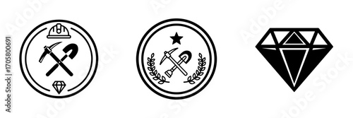 Black and White Mining and Gemstone Vector Icon Set with Tools and Symbols