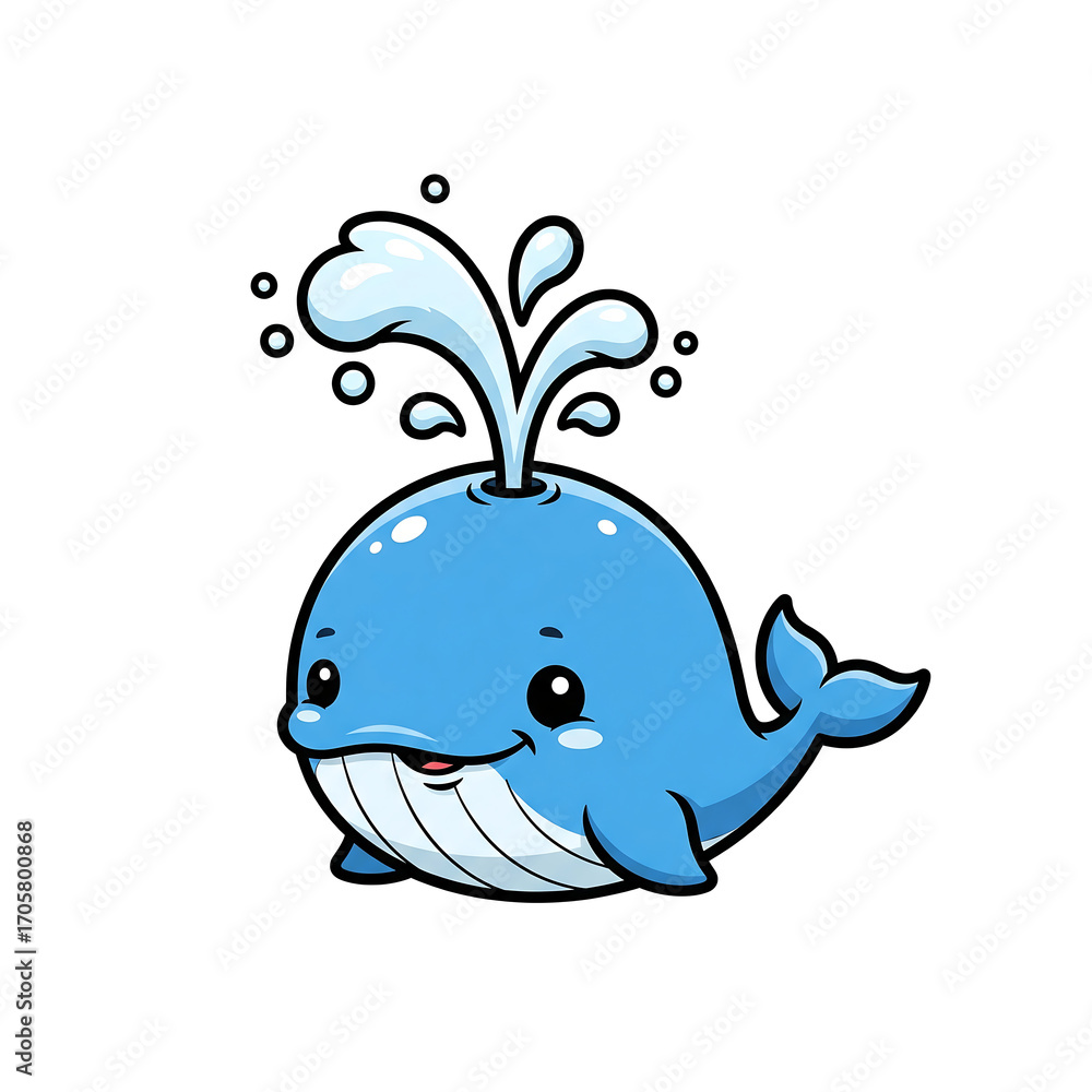 Naklejka premium Cute cartoon whale with water spout, playful and happy expression.