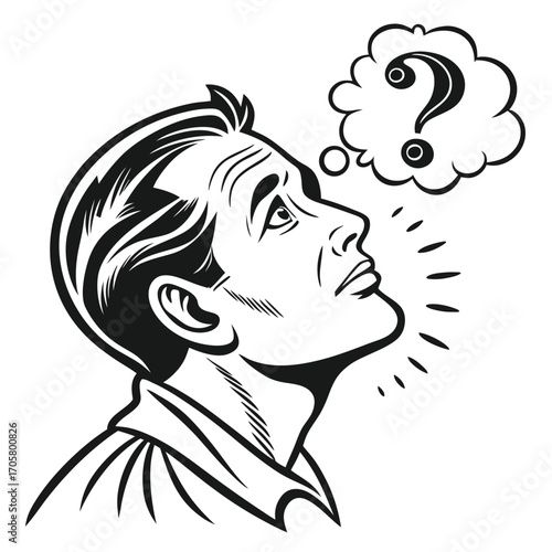 Retro Man in Thought with a Question Mark Comic Book Style Illustration