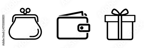 Minimalist Outline Icons: Coin Purse, Wallet, and Gift Box Set