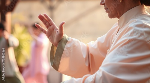 Close up of person, practicing oriental wellness exercise
