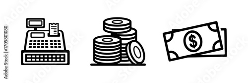 Monochrome Outline Vector Icons: Cash Register, Stacked Coins, and Dollar Banknotes