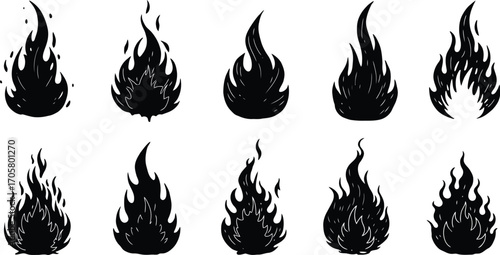 Flame Icons Set - Black Fire Silhouette Shapes, Hot Blaze Vector Clipart