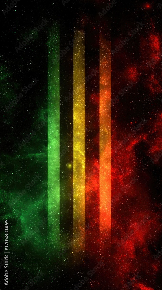 Obraz premium Three vertical, luminous stripes?green, gold, red?shine through a dark, nebula-like background speckled with tiny lights