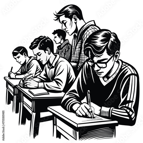 Black and White Illustration of Students Taking a Test in Class
