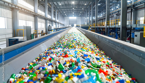 Conveyor belt with colorful shredded plastic bottle flakes at a recycling plant - Pabrik daur ulang plastik