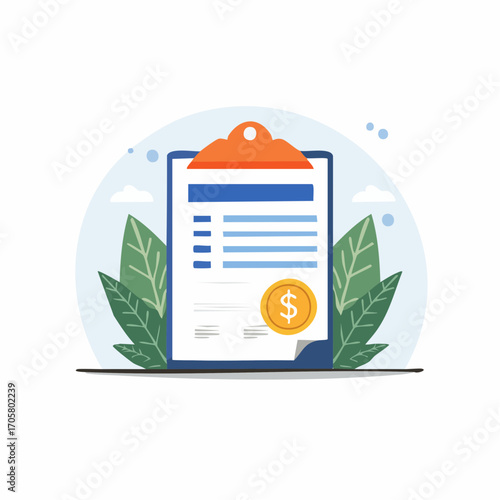 Clipboard With Financial Document and Gold Coin