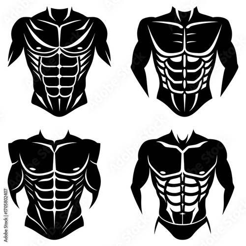Four black and white vector illustrations of muscular male torsos with defined abs and chest muscles