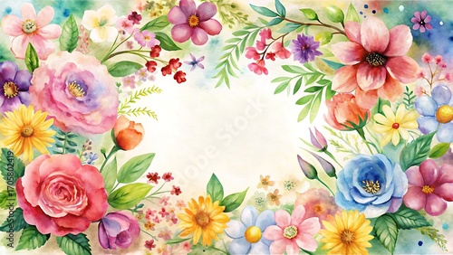Vibrant Watercolor Floral Border, Romantic Spring Flowers, Delicate Pastel Hues,  Soft Focus, Blank Center for Text,  Perfect for Wedding Invitations, Greeting Cards, Feminine Designs,  Elegant