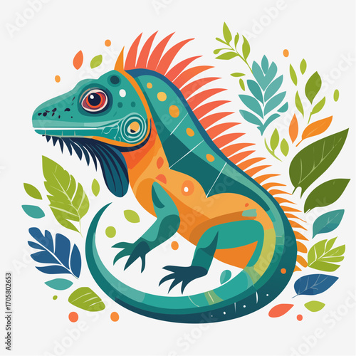Pixel Art Colorful Tropical Iguana With Lush Foliage