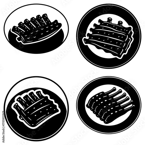 Four circular black and white icons featuring stylized illustrations of racks of ribs on plates or platters