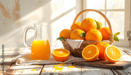 Pitcher of fresh orange juice and a basket of oranges on a rustic table in sunlight - Minuman sehat alami