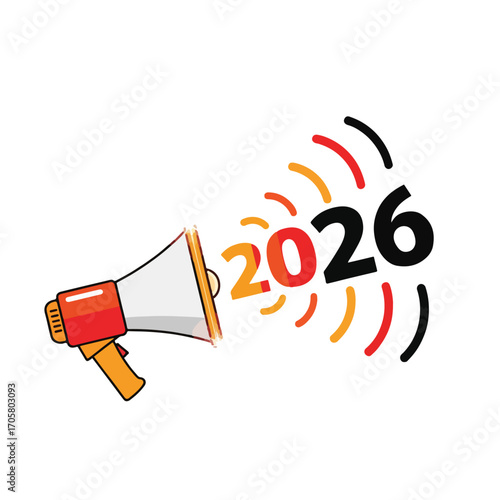 Dynamic Megaphone Announcing Year 2026 with Colorful Sound Waves Illustration