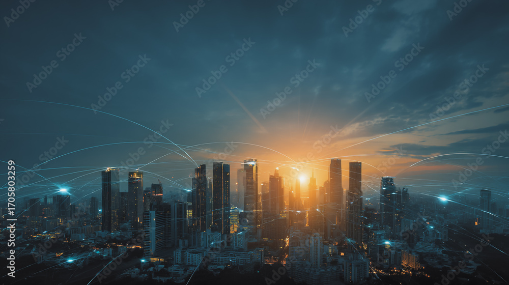 Obraz premium Sunshine in the Smart digital Innovation city with connection network reciprocity over the cityscape. of future smart wireless digital city and social media networking systems that connects 