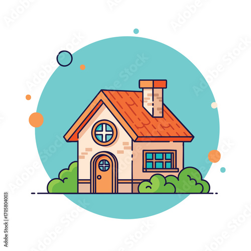 A charming cartoon house illustration with an orange tiled roof and green bushes.