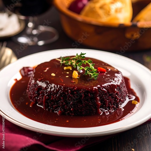 Rich, dark dish with a glossy sauce