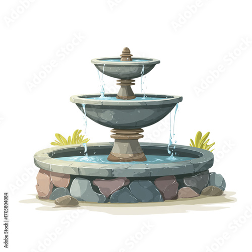 Illustration of three tiered stone fountain with water flowing, isolated on transparent background