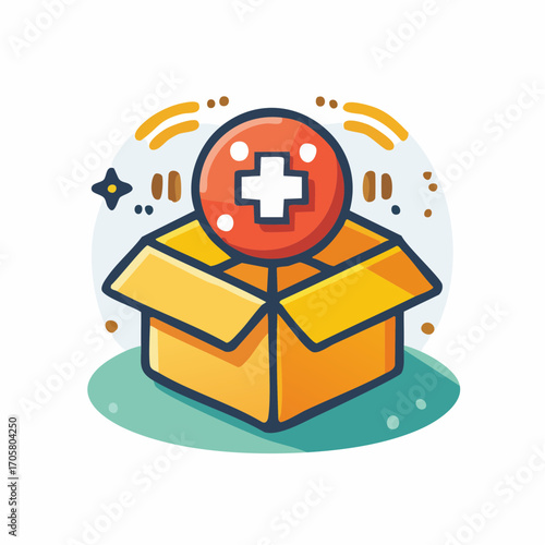 Red Orb With White Cross Floating Over Open Cardboard Box