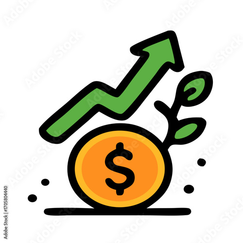 Vector icon of money growth with dollar coin and rising arrow. Perfect for finance, investment, business success, profit, and economic illustration projects