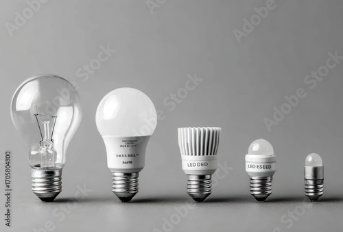 Five light bulbs of varying types and sizes are displayed in a row against a plain grey backdrop, from a traditional incandescent to compact LEDs
