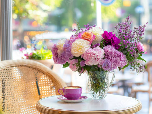 Cafe table with floral bouquet and cappuccino