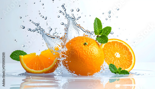 Refreshing splash of water over fresh oranges and mint on a white background - Kesegaran buah jeruk asli