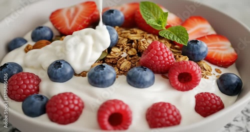 Fresh yogurt bowl with berries and granola toppings