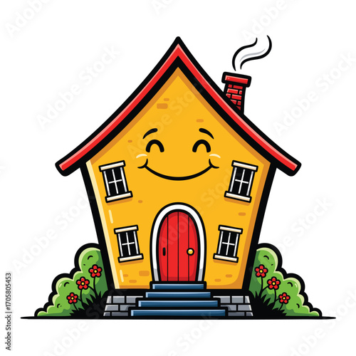 A cheerful yellow cartoon house with a happy smiling face and red roof.