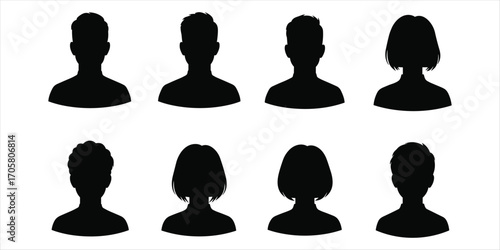 Black silhouettes of diverse hairstyles and head shapes for profile icons Keywords: silhouette, head, profile, hairstyle, icon