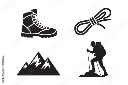 Hiking and climbing gear icons for outdoor adventures
