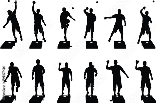 Cornhole players silhouette vector set, competitive bean bag throwing game, outdoor lawn sport activity, fun team recreation, summer backyard leisure illustration