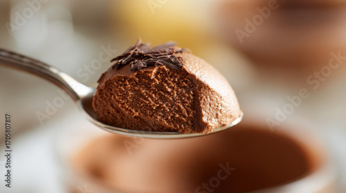 Rich chocolate mousse on a spoon — an indulgent dessert close-up

