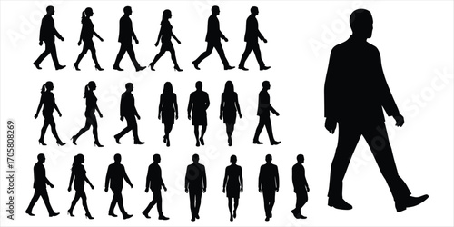 Collection of black male and female walking silhouettes on white background Keywords: walking, silhouette, people, man, woman