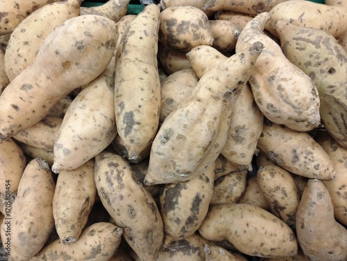 ellow sweet potatoes are displayed for sale on store shelves. Store shelves sell yellow sweet potatoes on display. Fresh yellow sweet potatoes are displayed in store baskets.