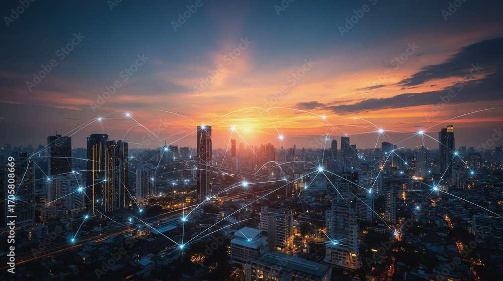 Fototapeta premium Sunshine in the Smart digital Innovation city with connection network reciprocity over the cityscape. of future smart wireless digital city and social media networking systems that connects 