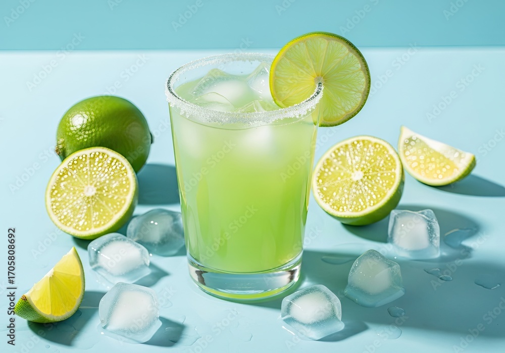 Fototapeta premium Lime Juice Glass with Ice, Sugar Rim and Wedges on Pale Blue Table Refreshing